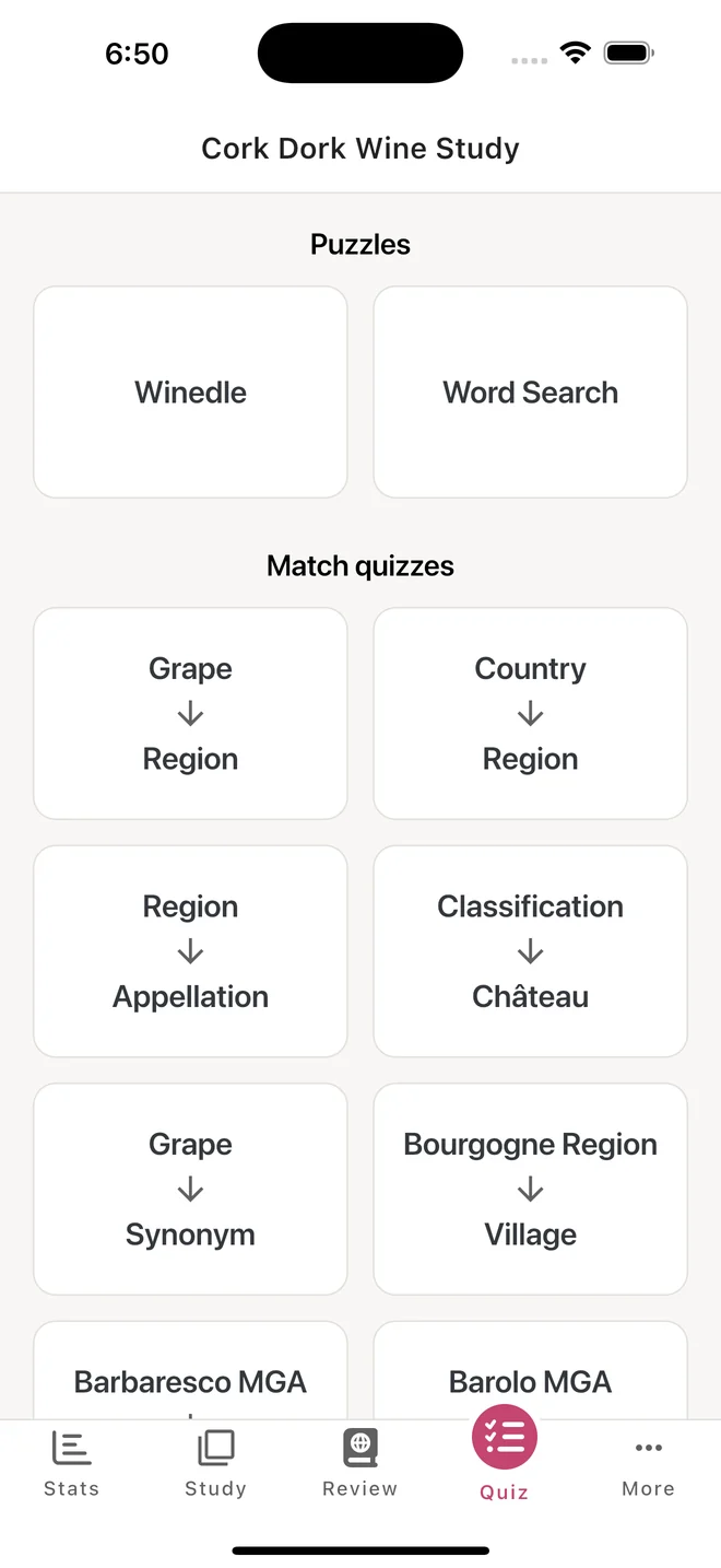 Main quiz screen with puzzles and matching games
